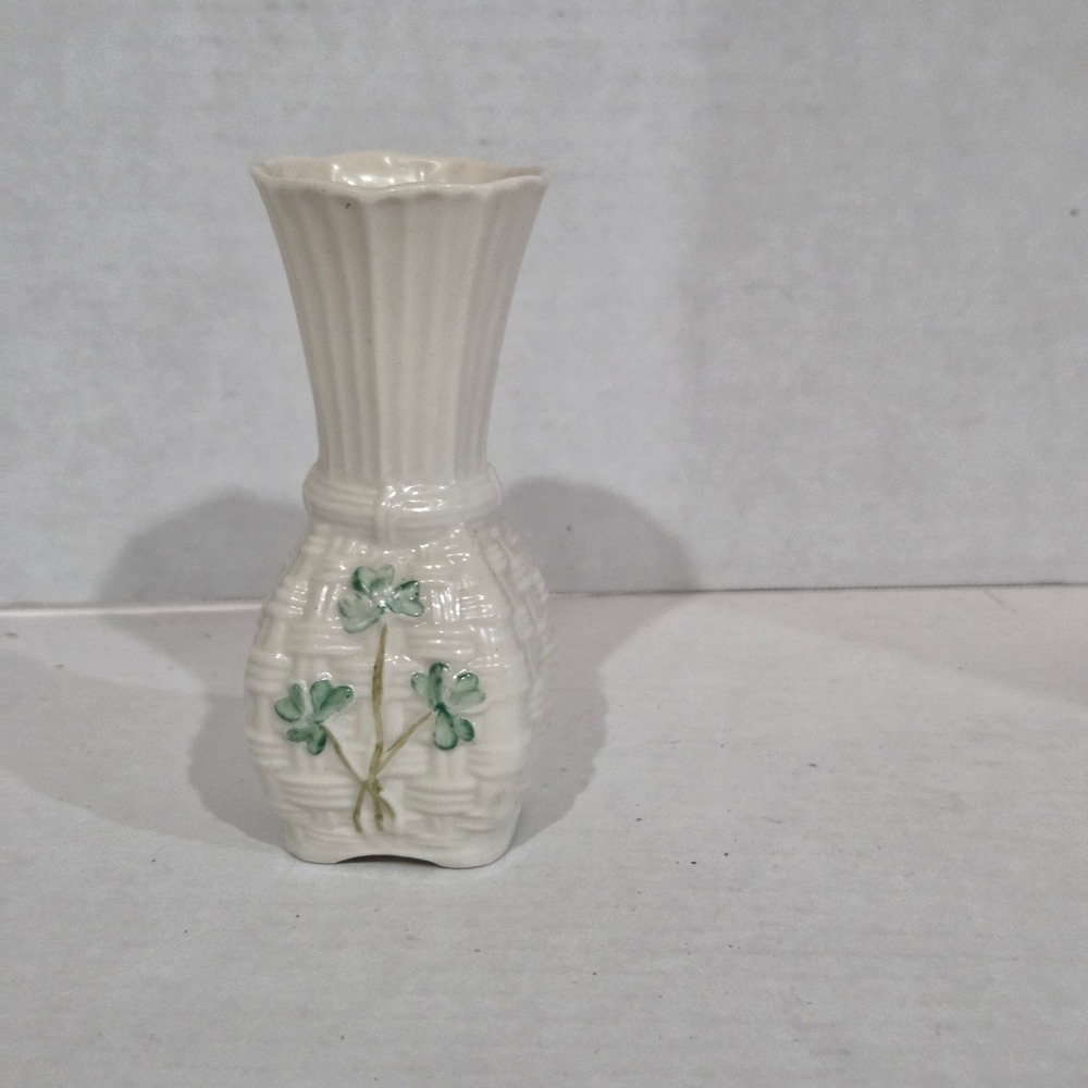 Belleek Ireland Shamrock Basketweave Parian China Bud Vase Blue Mark 4 Inch